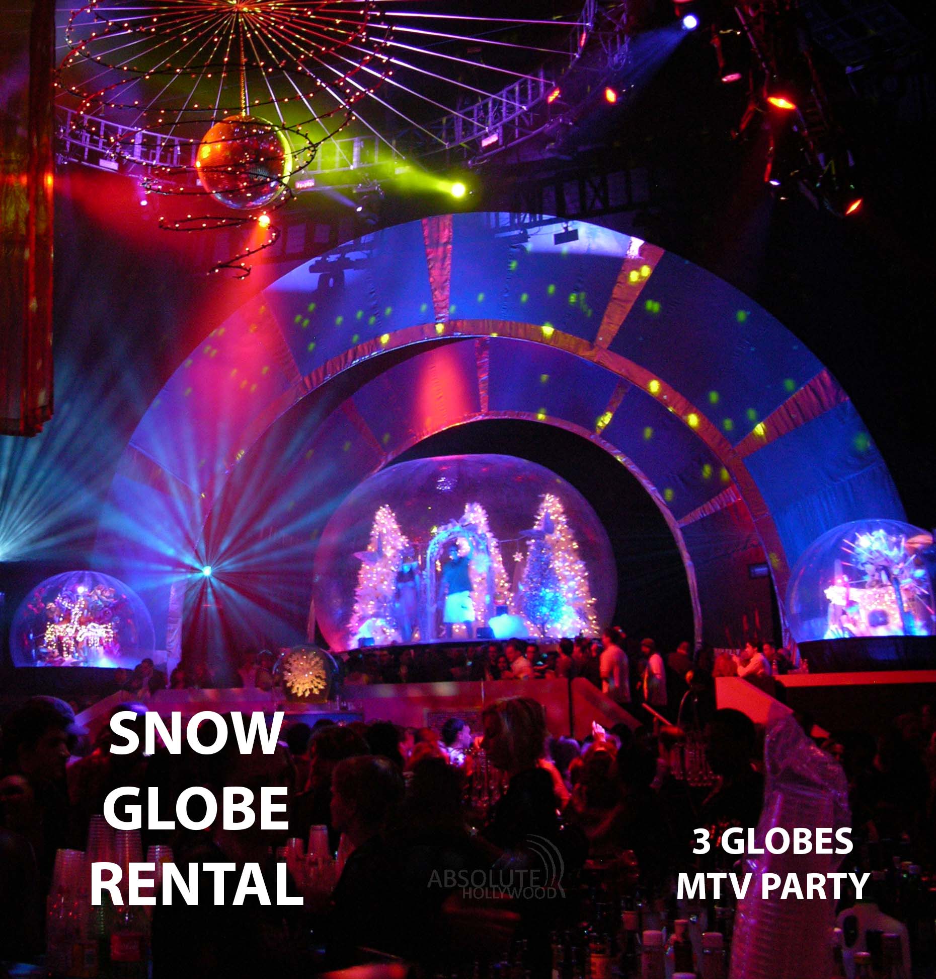 Large inflatable snow globe for hire at MTV corporate party event with professional lighting and photography
