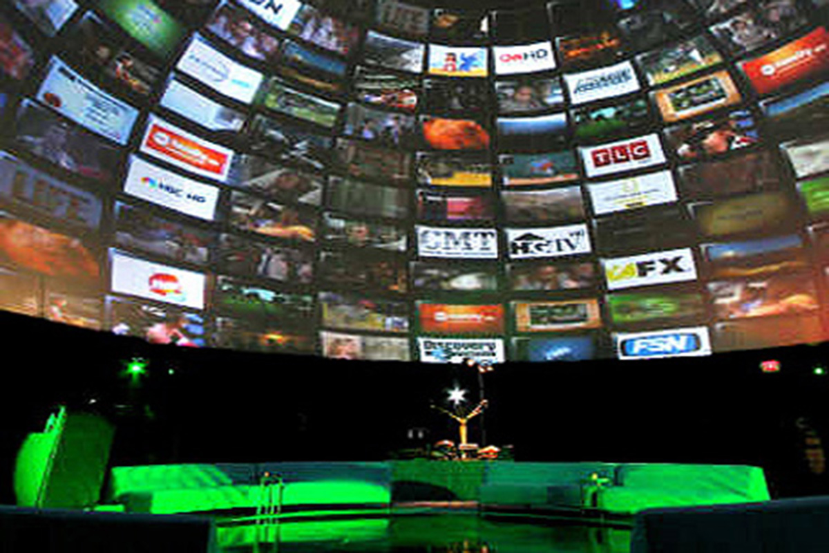 Interior view of StratoSphere dome at DirecTV Emmy Awards party in West Hollywood with celebrity guests and 360 degree immersive projection