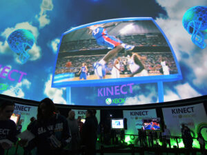 Interior view of StratoSphere dome at Super Bowl with fans experiencing Microsoft Kinect interactive gaming and 360 degree live sports projection
