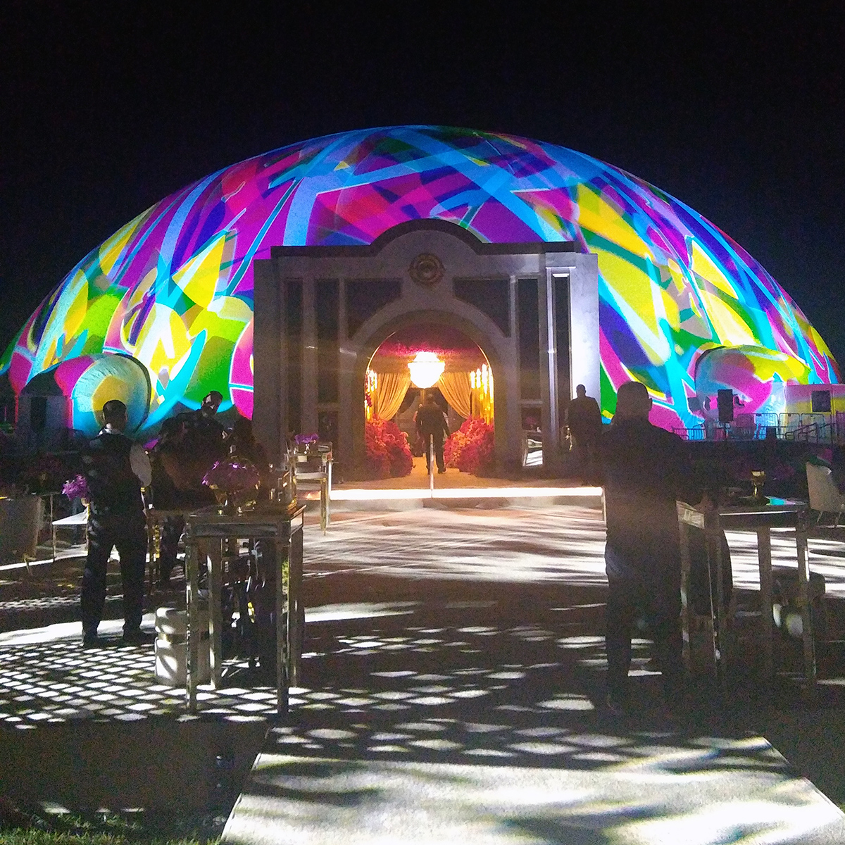 Large projection dome rental — 235ft Celestial Dome exterior with 360 video projection