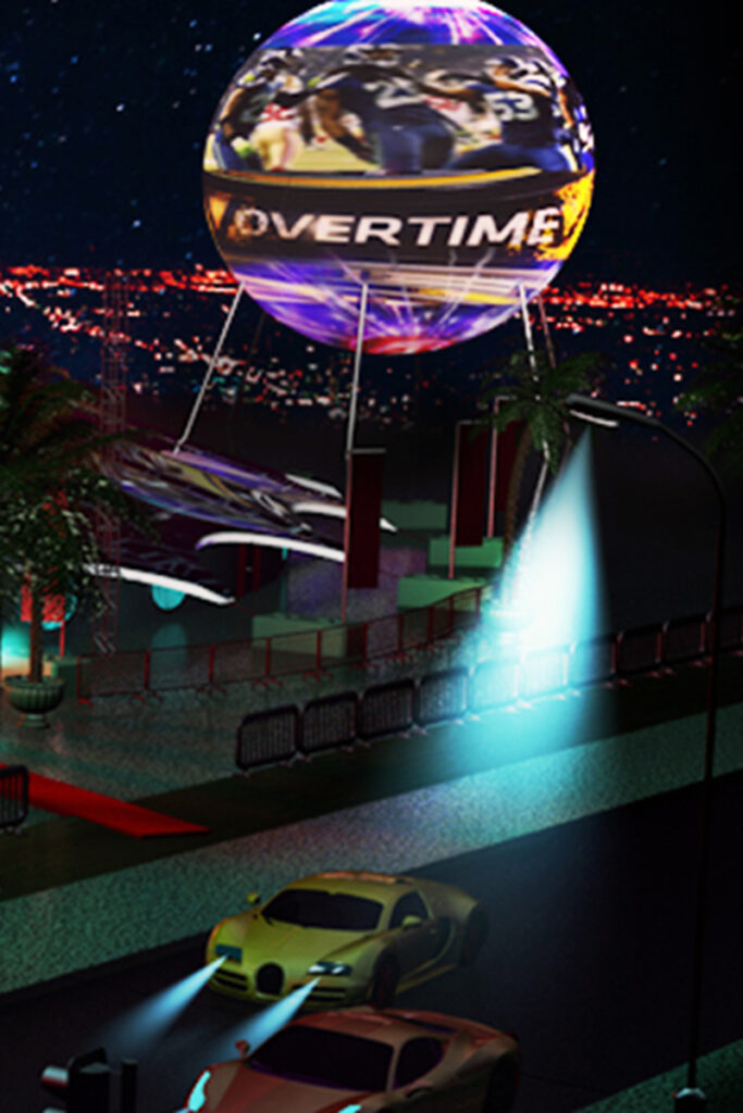 Outdoor video projection sphere displaying football sports content at night in urban cityscape with OVERTIME branding on 66-foot diameter sphere elevated above outdoor venue with luxury cars for World Cup activation