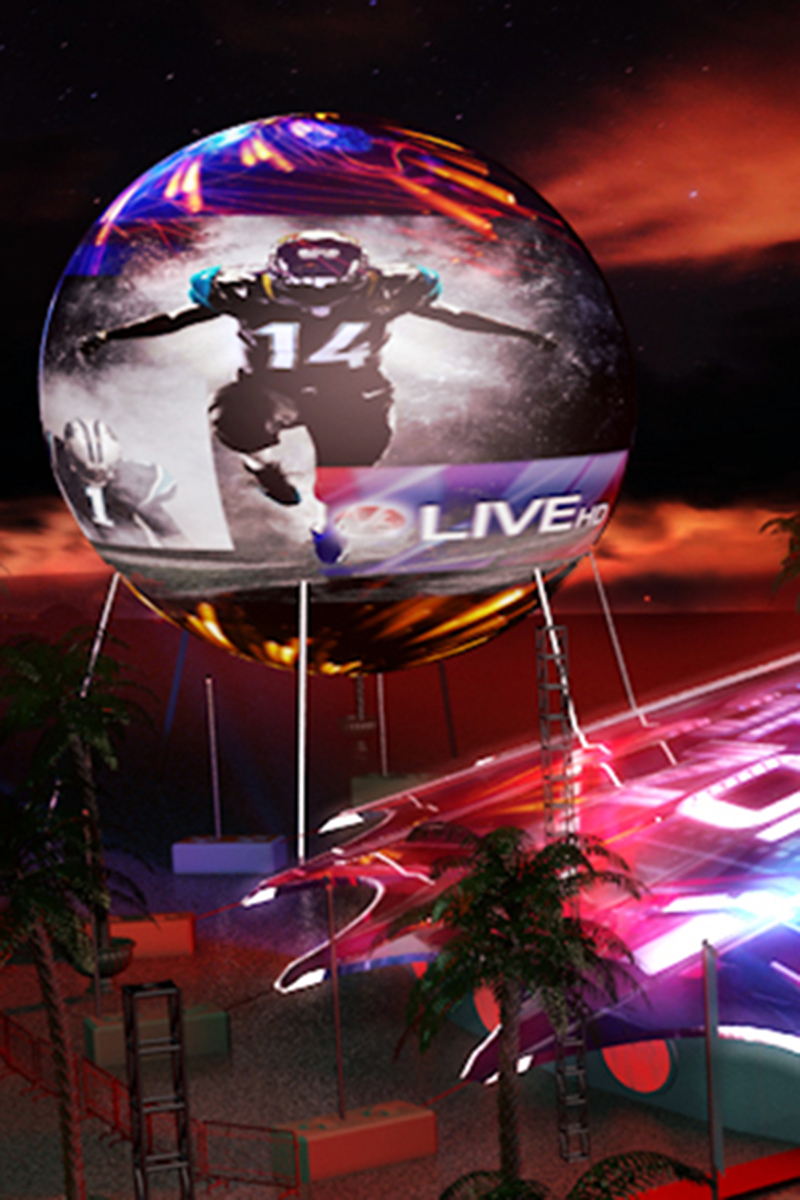 66-foot outdoor video projection sphere displaying live football player number 14 with LIVE branding elevated above outdoor venue for FIFA World Cup fan zone activation and major football championship events