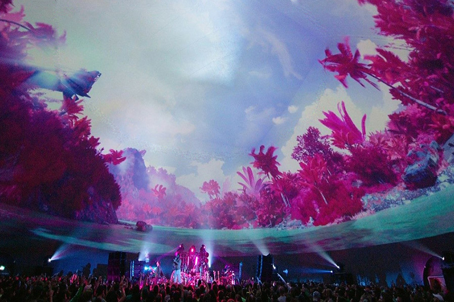 Absolute Hollywood projection dome interior Childish Gambino Pharos festival New Zealand touring concert dome with 360 degree fulldome projection packed audience