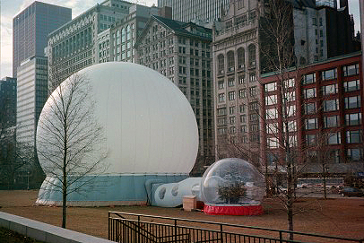 Absolute Hollywood StratoSphere dome and airlock tunnel entry snow globe at Millennium Park Chicago winter festival 2002
