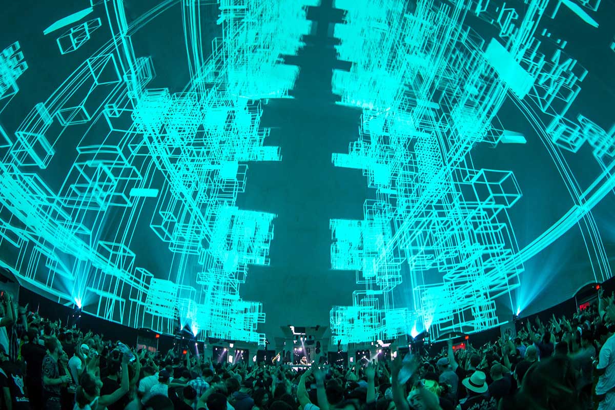 Absolute Hollywood Celestial Dome interior with 360-degree projection and live crowd, Los Angeles