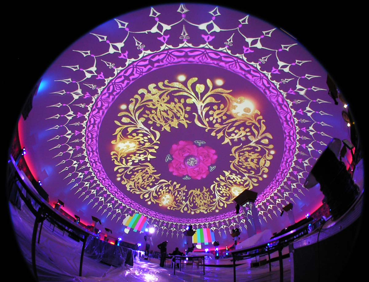 Celestial Dome 360-degree fulldome projection interior, ornate mandala content, Royal Wedding Doha 2008