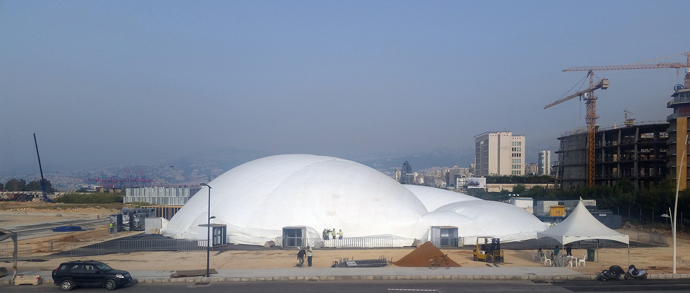 Absolute Hollywood Celestial Dome fully inflated outdoors in Beirut Lebanon, Beirut Cultural Festivals May 2016, urban skyline and construction cranes visible