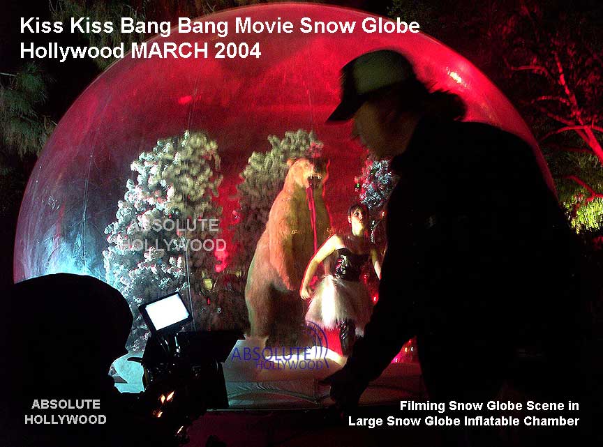 Life size snow globe with performers Kiss Kiss Bang Bang film production Los Angeles