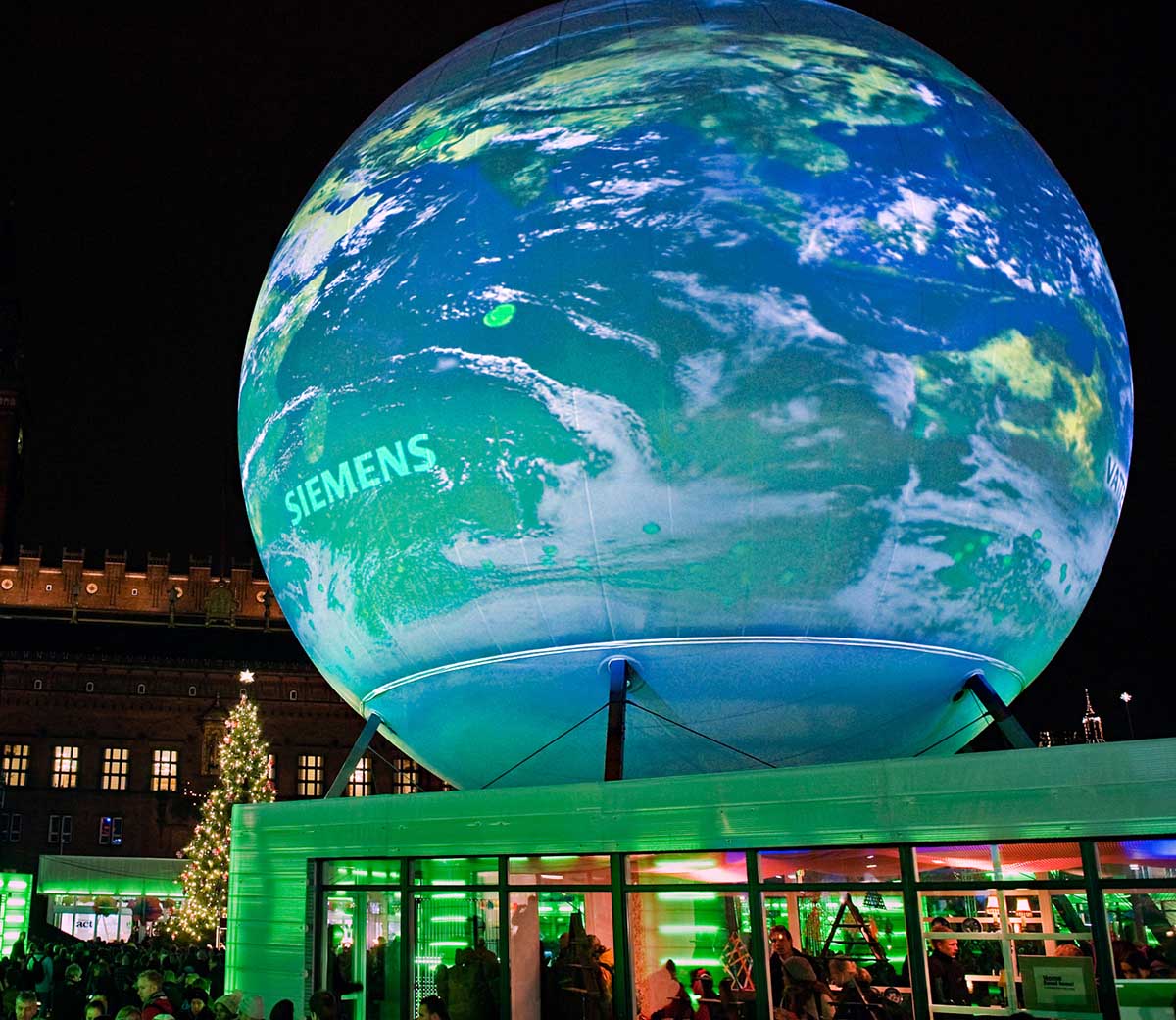 Absolute Hollywood outdoor projection dome exterior at night, COP15 UN Climate Summit Copenhagen 2009, crowd and city architecture