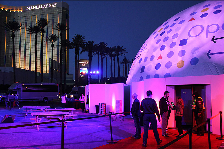 Absolute Hollywood Galactic projection dome with IBM Open for Data exterior projection active at dusk, Mandalay Bay Las Vegas, IBM corporate event February 2016