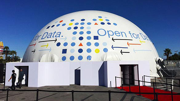 Absolute Hollywood 80-foot Galactic projection dome fully inflated outdoors in daylight, IBM Open for Data event, Las Vegas 2016, red carpet entrance visible