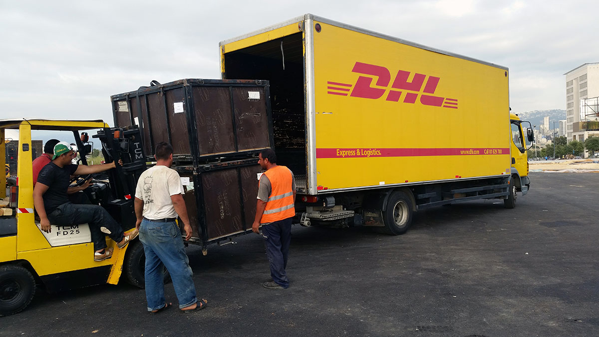 Absolute Hollywood Celestial Dome shipping crates being loaded onto DHL freight truck in Beirut, Lebanon, Beirut Cultural Festivals 2016