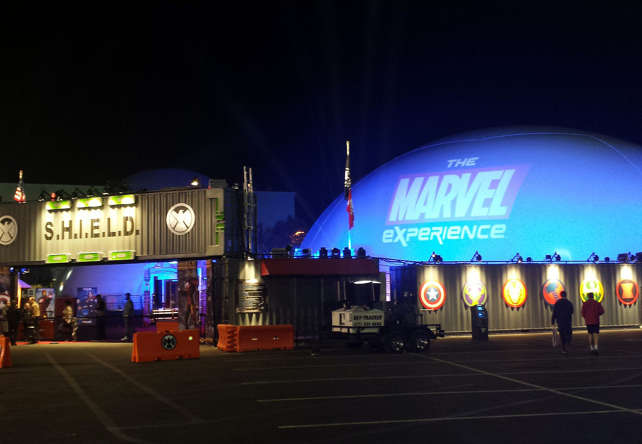 Absolute Hollywood Galactic projection dome with Marvel Experience exterior projection and full touring production infrastructure at night, Marvel Experience worldwide tour 2014 to 2015
