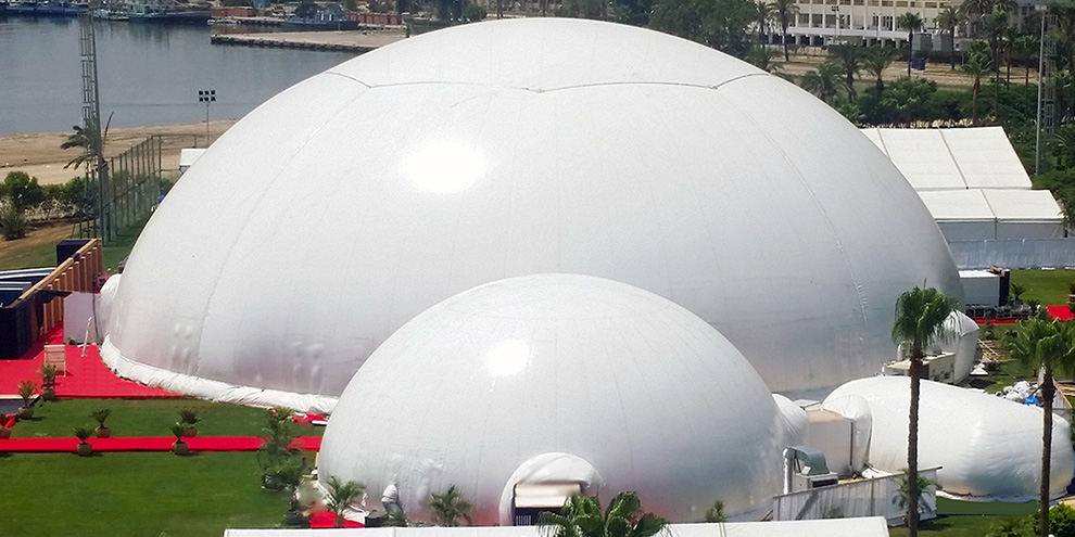 Absolute Hollywood projection domes — Suez Canal Grand Opening Egypt Ismailia inflatable dome waterfront government ceremony