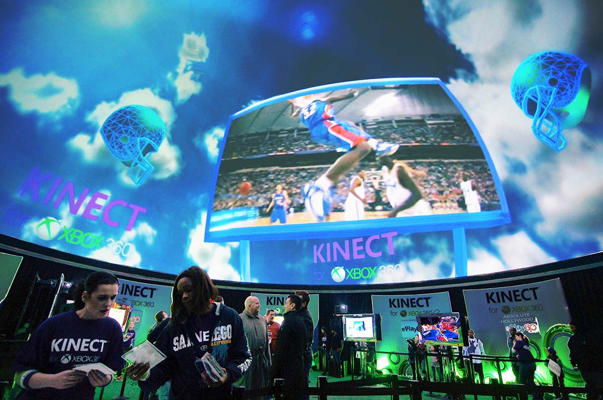 Xbox Kinect brand activation inside an Absolute Hollywood 360-degree projection dome at Super Bowl 2012