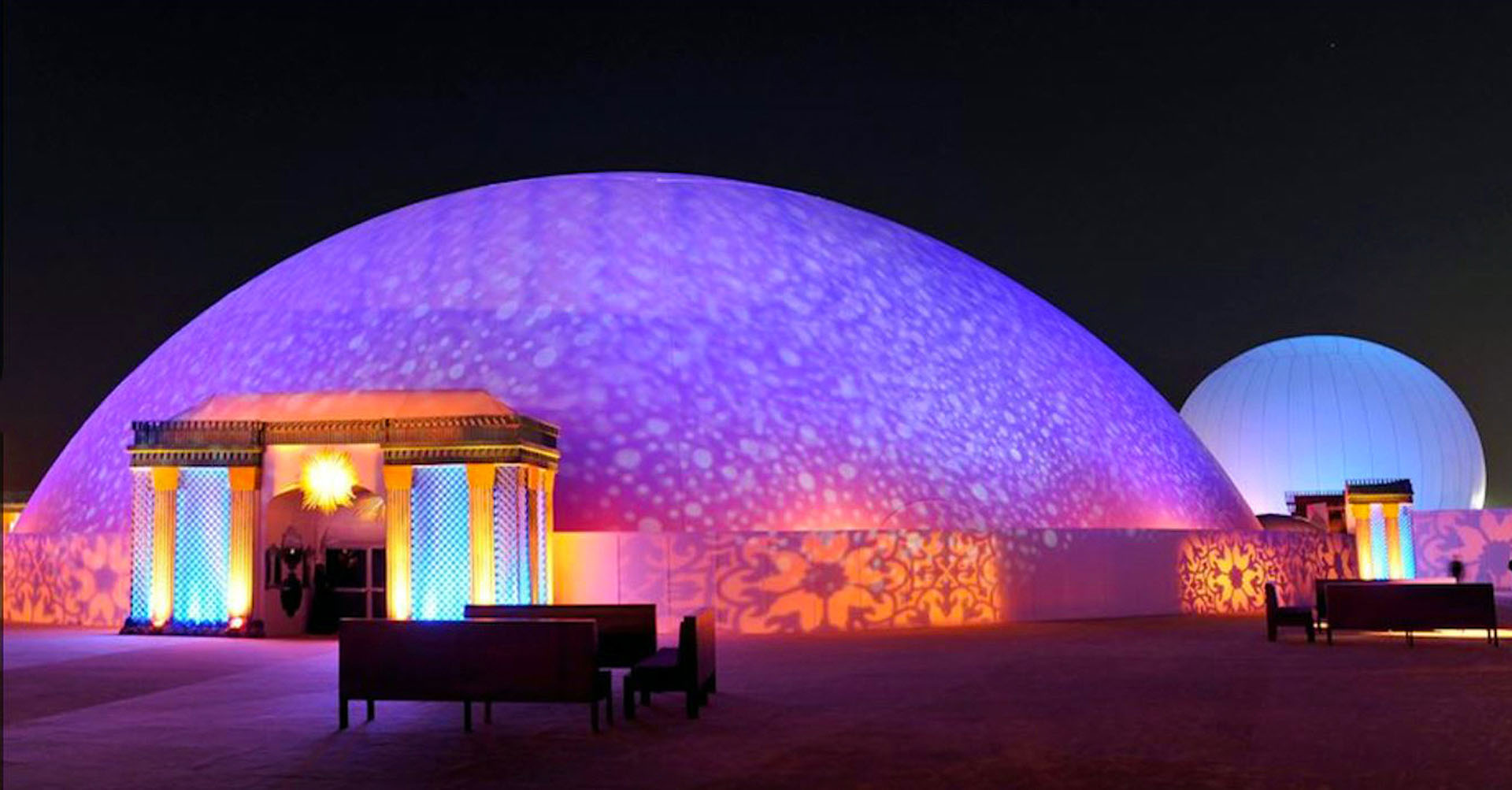 Absolute Hollywood Celestial projection dome exterior night Doha Qatar Royal Wedding 235 foot inflatable dome with exterior projection and StratoSphere dome