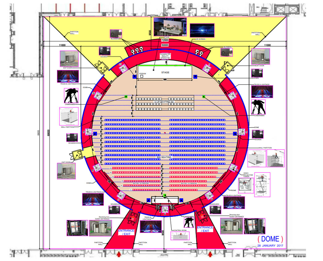 160-foot projection dome technical floor plan — technology company product launch, Doha Qatar, theater configuration with 924 seats, stage, and full production infrastructure