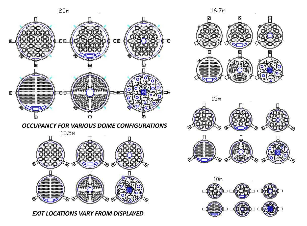Projection dome capacity and seating layout configurations by size — 10m to 25m diameter options including banquet, theater, and standing
