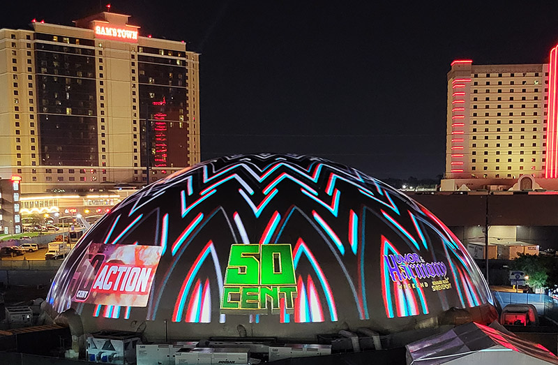 Galactic projection dome exterior night — 50 Cent branded 360 video projection Humor and Harmony Festival Shreveport Louisiana Sam's Town Casino