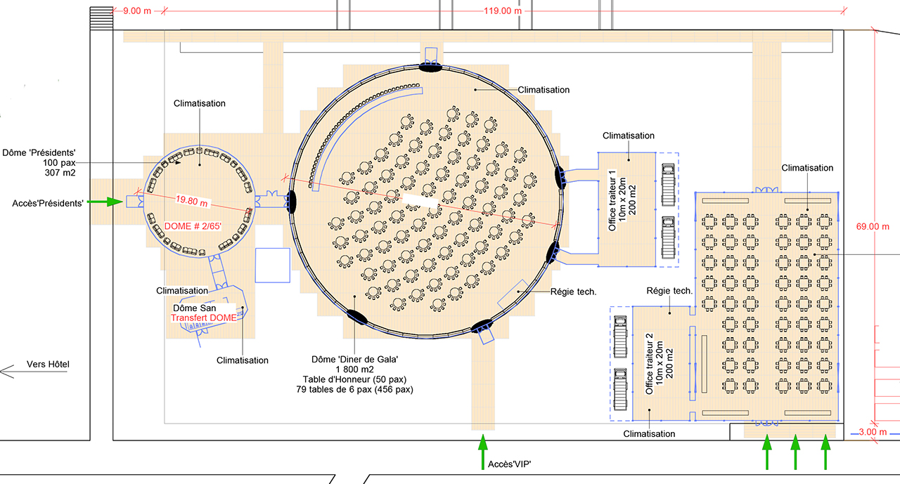 Projection dome floor plan — New Suez Canal Grand Opening gala, connected VIP presidents dome and main banquet dome, Ismailia Egypt 2015