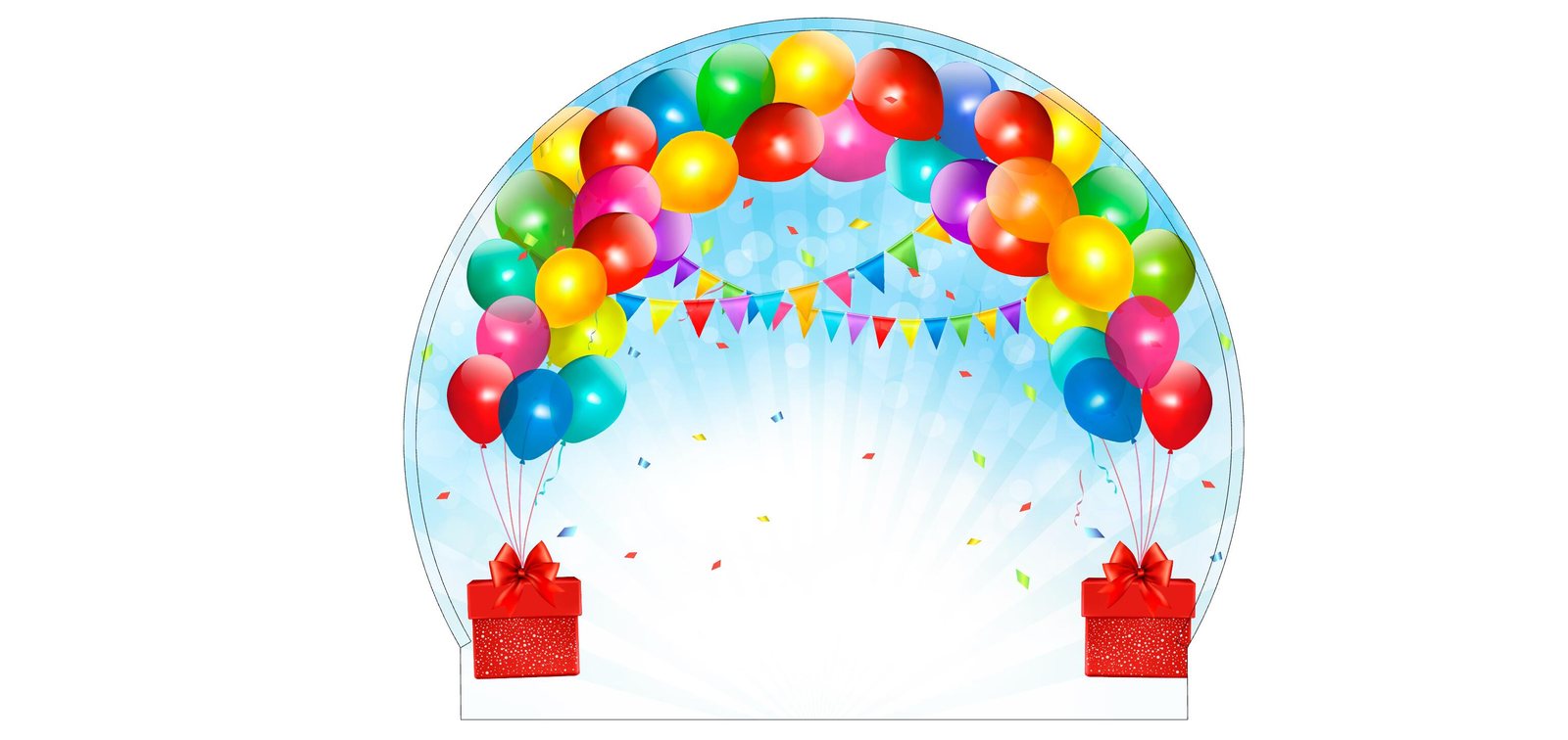 Balloon arch celebration photo booth backdrop for a walk-in snow globe — birthdays, anniversaries, promotions, and graduations