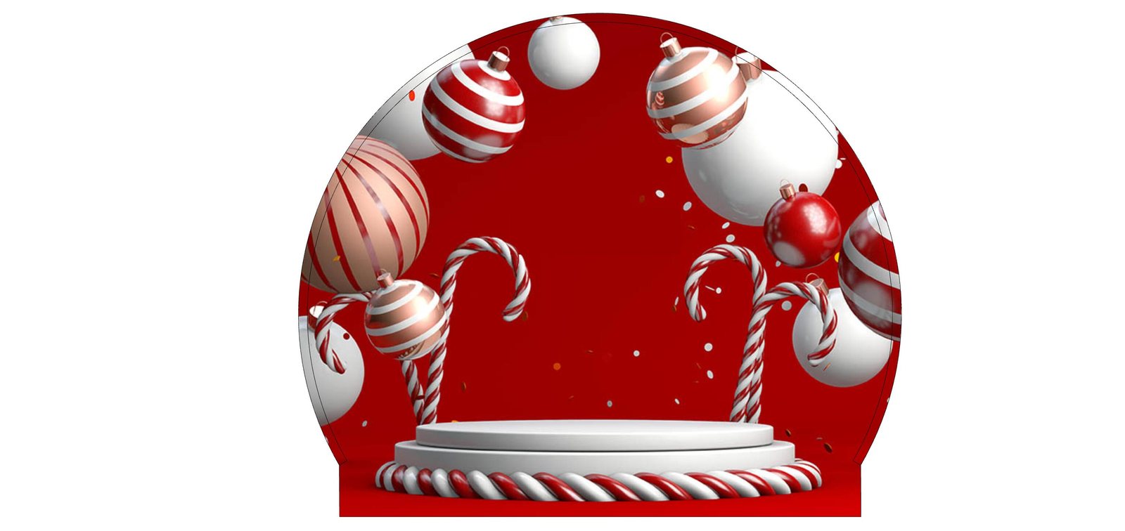 Christmas photo booth backdrop for a walk-in snow globe — red candy canes, ornaments, and white photo podium, ready-to-print template