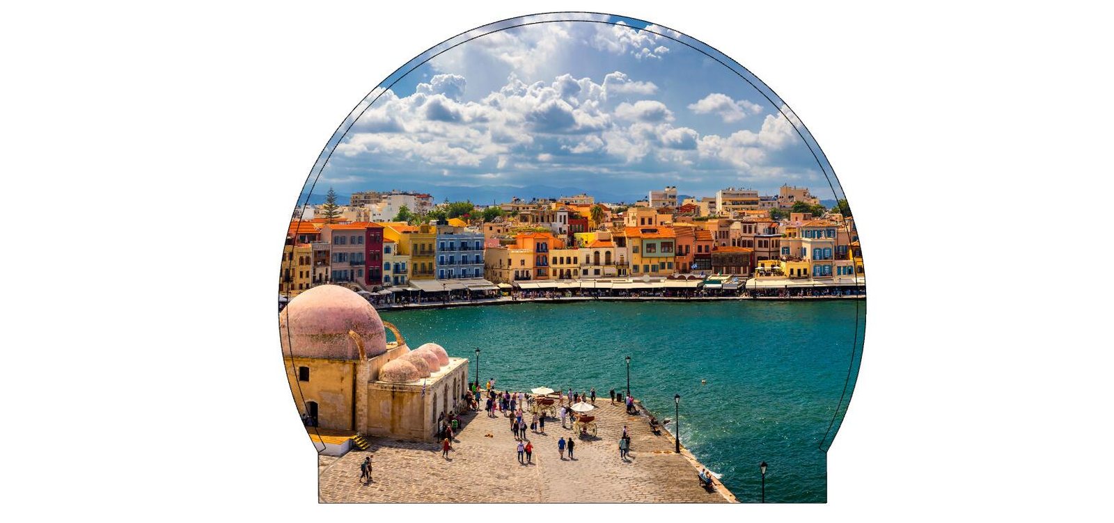 Custom photo booth backdrop for a walk-in snow globe — Mediterranean harbor scene printed for the US Navy at Souda Bay, Crete, 2021