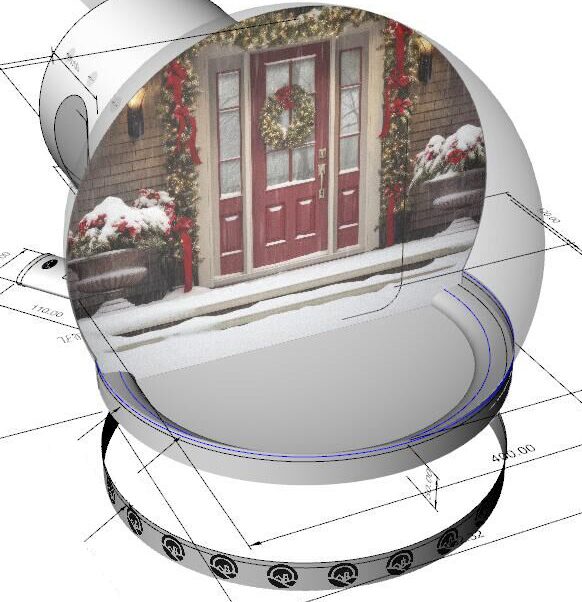 Branded snow globe 3D mockup — First Baptist Church backdrop and base banner rendered inside the globe before printing