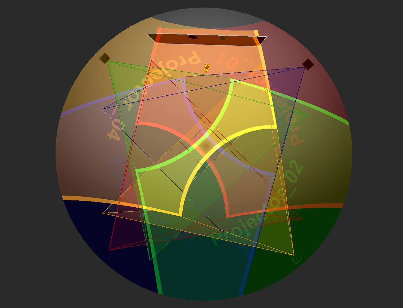 Overlapping projector zones drawn as colored warp shapes across a 3D dome model for seamless coverage