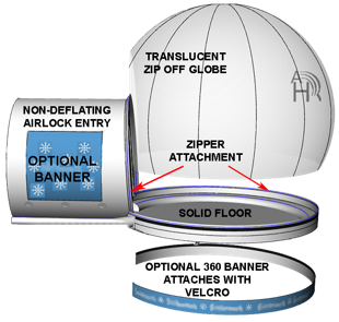 Custom branded snow globe tunnel render — quick-change logo banners on the supported two-door Airlock entry by Absolute Hollywood