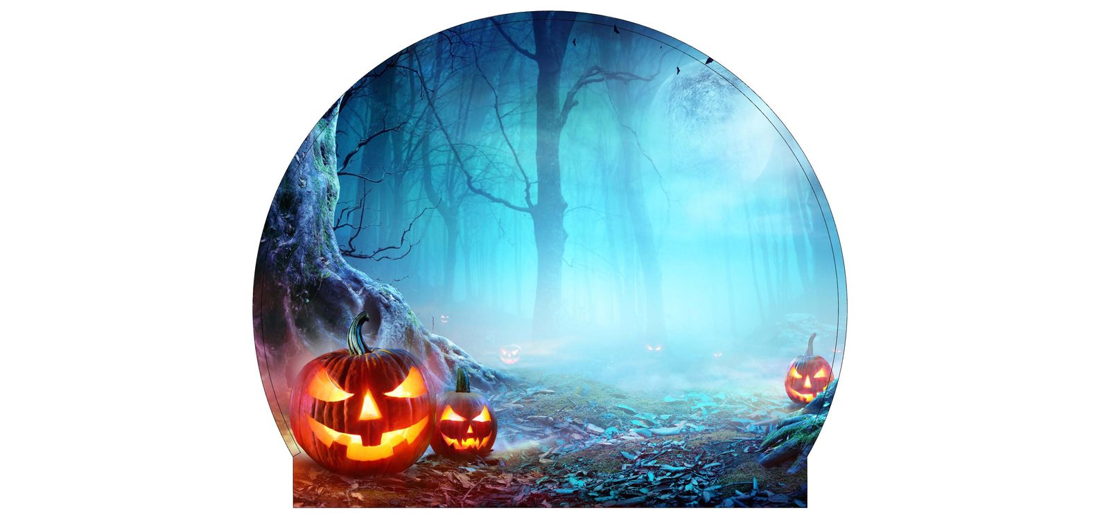 Halloween photo booth backdrop for a walk-in snow globe — haunted forest with jack-o-lanterns and full moon, ready-to-print template