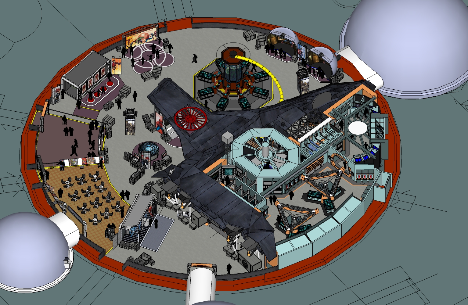 Isometric design rendering of a dome interior packed with attraction zones, an aircraft centerpiece and guest paths