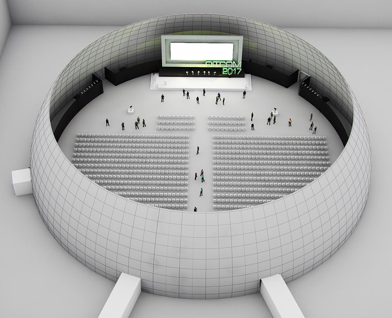 Rendered theater layout with rowed seating and a center screen inside a 160 ft projection dome