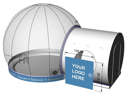 Airlock Tunnel Entry vs Zipper Entry snow globe diagram — the two-door tunnel never deflates and moves 4x–10x more guests per hour