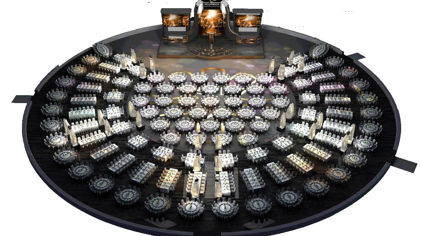 Large projection dome banquet layout — round dinner tables encircling a center stage inside a 360° immersive dome