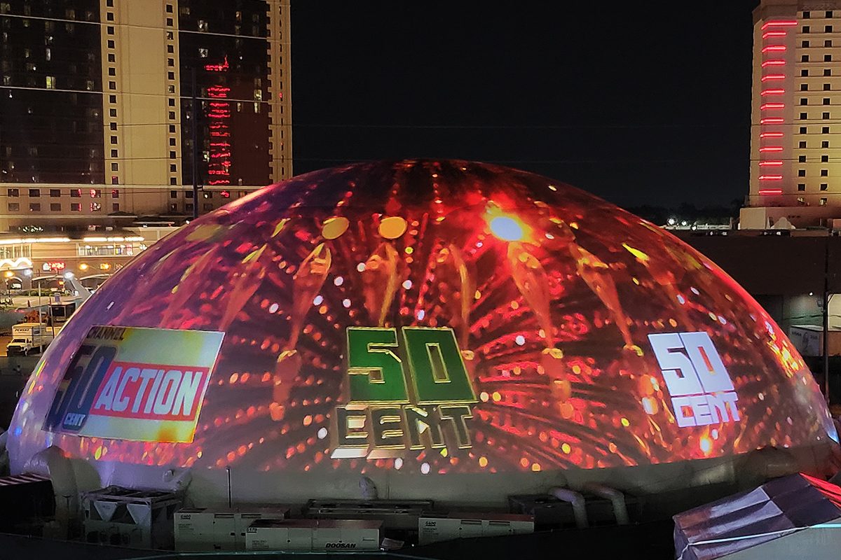 Large projection dome as festival venue in Shreveport, Louisiana — 160 ft exterior 360° projection at 50 Cent's Humor and Harmony Festival