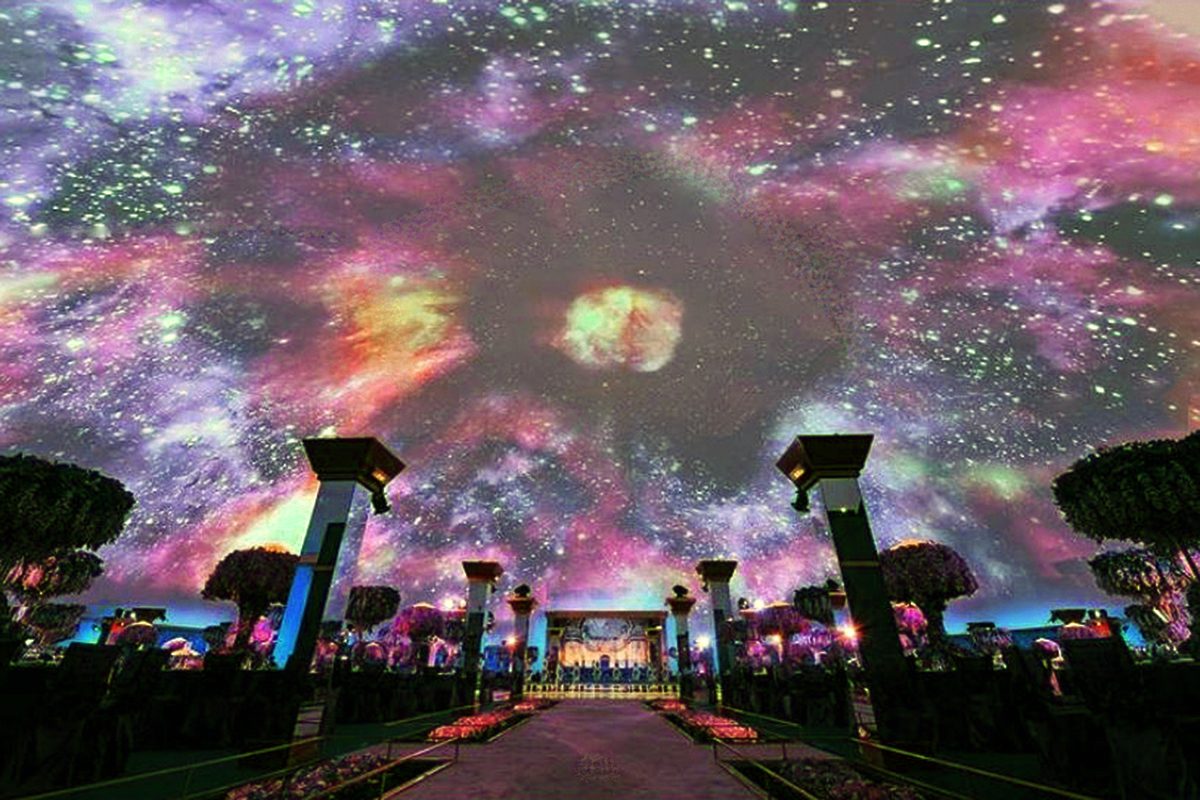 Fulldome projection mapping in Doha, Qatar — Absolute Hollywood 200 ft Celestial, galaxy imagery edge-blended across the full interior
