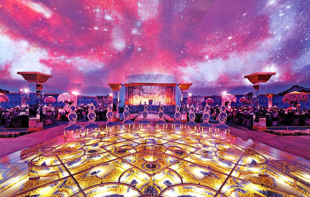 Large projection dome interior in Doha, Qatar — Absolute Hollywood 200 ft Celestial, clear span wrapped floor to zenith in 360° projection