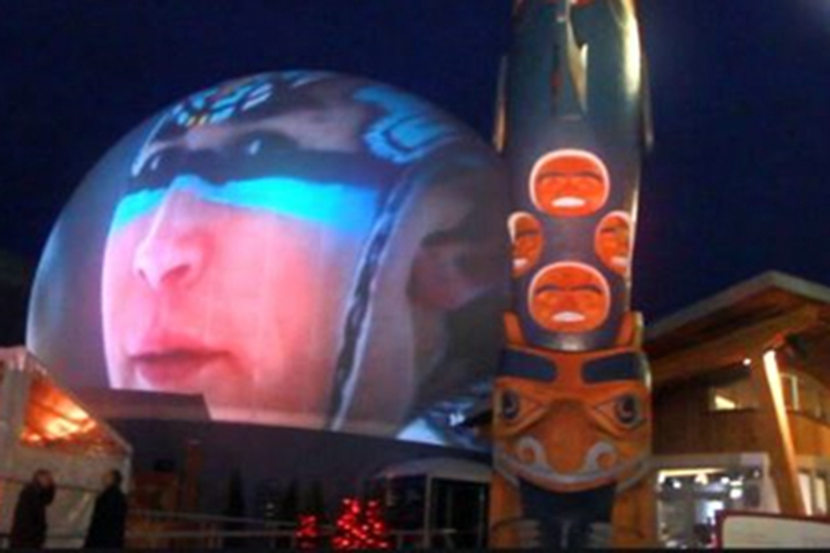 StratoSphere 60 foot projection dome exterior at the Olympics Four Host First Nations pavilion in Vancouver, custom 360 degree cultural content projected on the dome skin