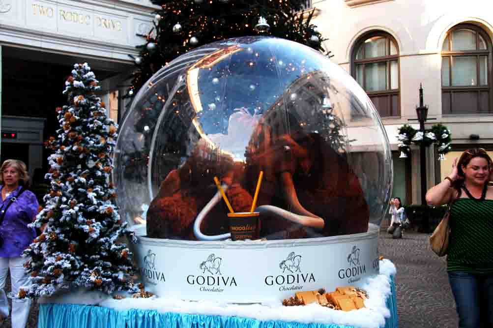 Giant snow globe with a Godiva Chocolate printed base wrap at the Ice Age 2 release on Rodeo Drive, Beverly Hills