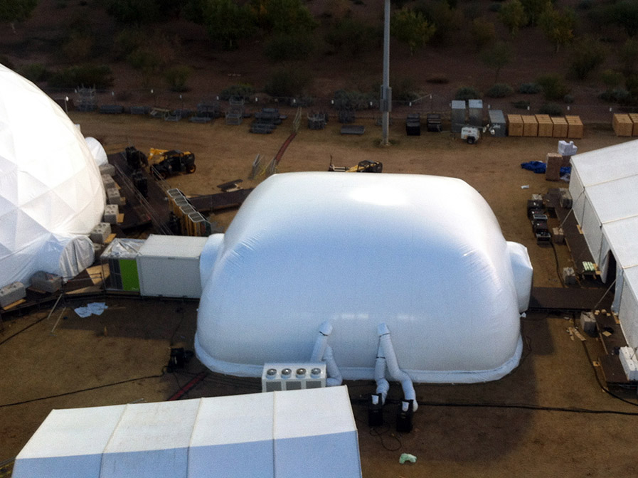 Oblong 360 dome event space aerial view — connected inflatable projection dome campus multi-zone touring complex