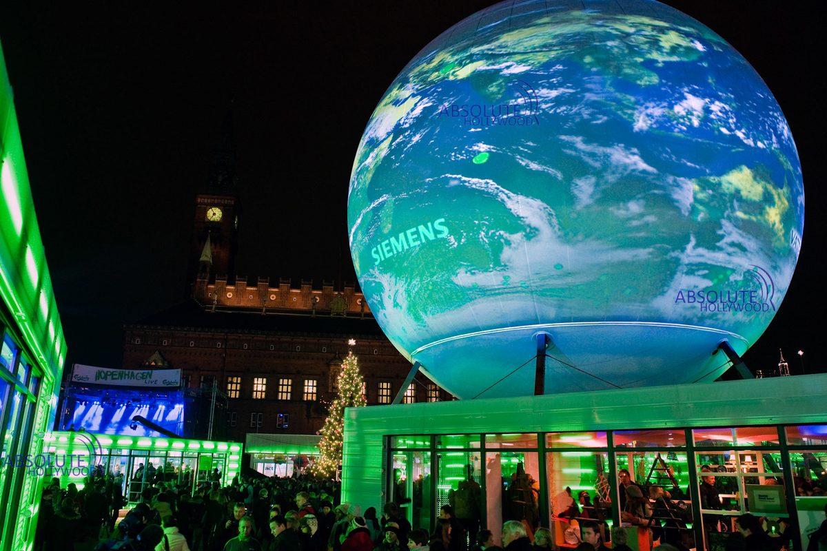 Outdoor video sphere in a Copenhagen city square at the COP15 UN Climate Conference, 2009 — the world's first large portable 360 degree projection sphere
