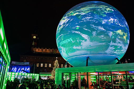 Outdoor video sphere Copenhagen harbor — Siemens 360 video sphere on pedestal exterior projection landmark
