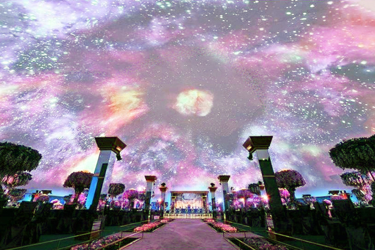 Projection dome interior with a starfield ceiling over a royal wedding reception in Doha, Qatar