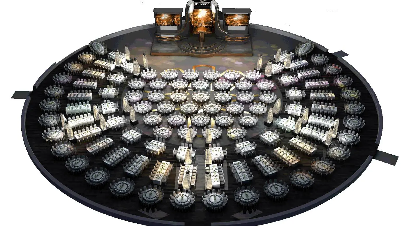 Round-table banquet layout inside an Absolute Hollywood dome — full hemispherical projection surface overhead