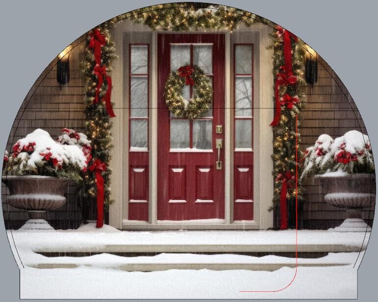 Printed backdrop artwork of a red front door with holiday wreath and snow-covered planters, cut to fit a giant snow globe