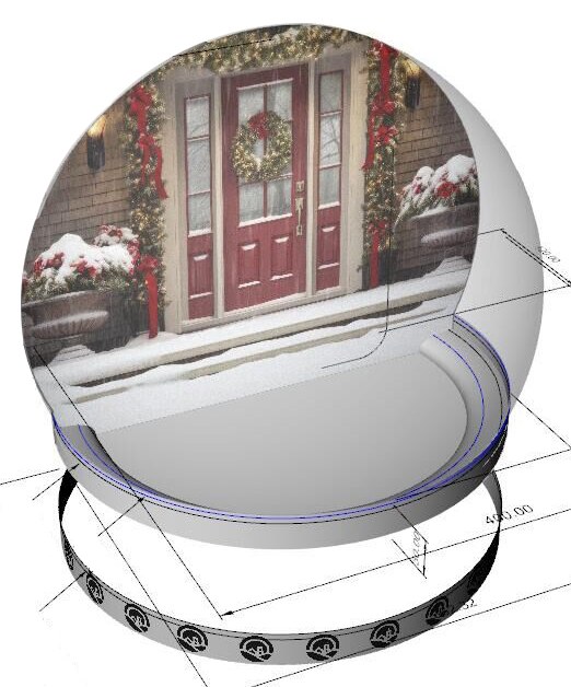 Dimensioned production proof fitting a printed backdrop and branded base wrap to a 12 ft giant snow globe for client approval