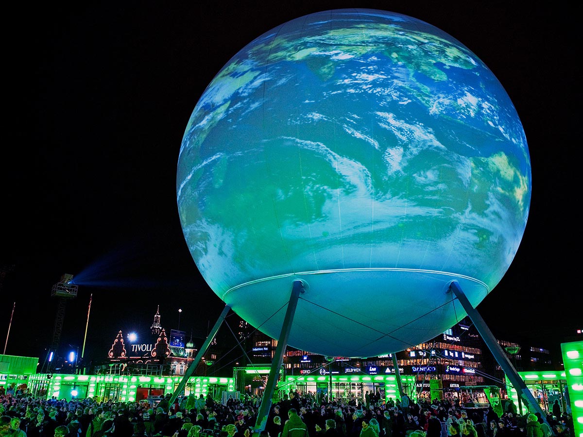 Video sphere with projected Earth at the COP15 climate summit, City Hall Square, Copenhagen